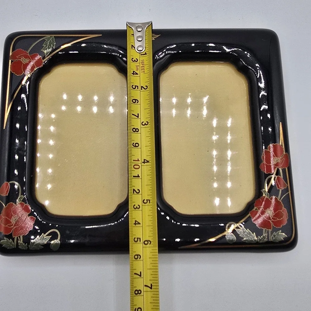 Vintage Double Photo Frame Black Ceramic Red Flowers Bird Japan Holds 4.5x3